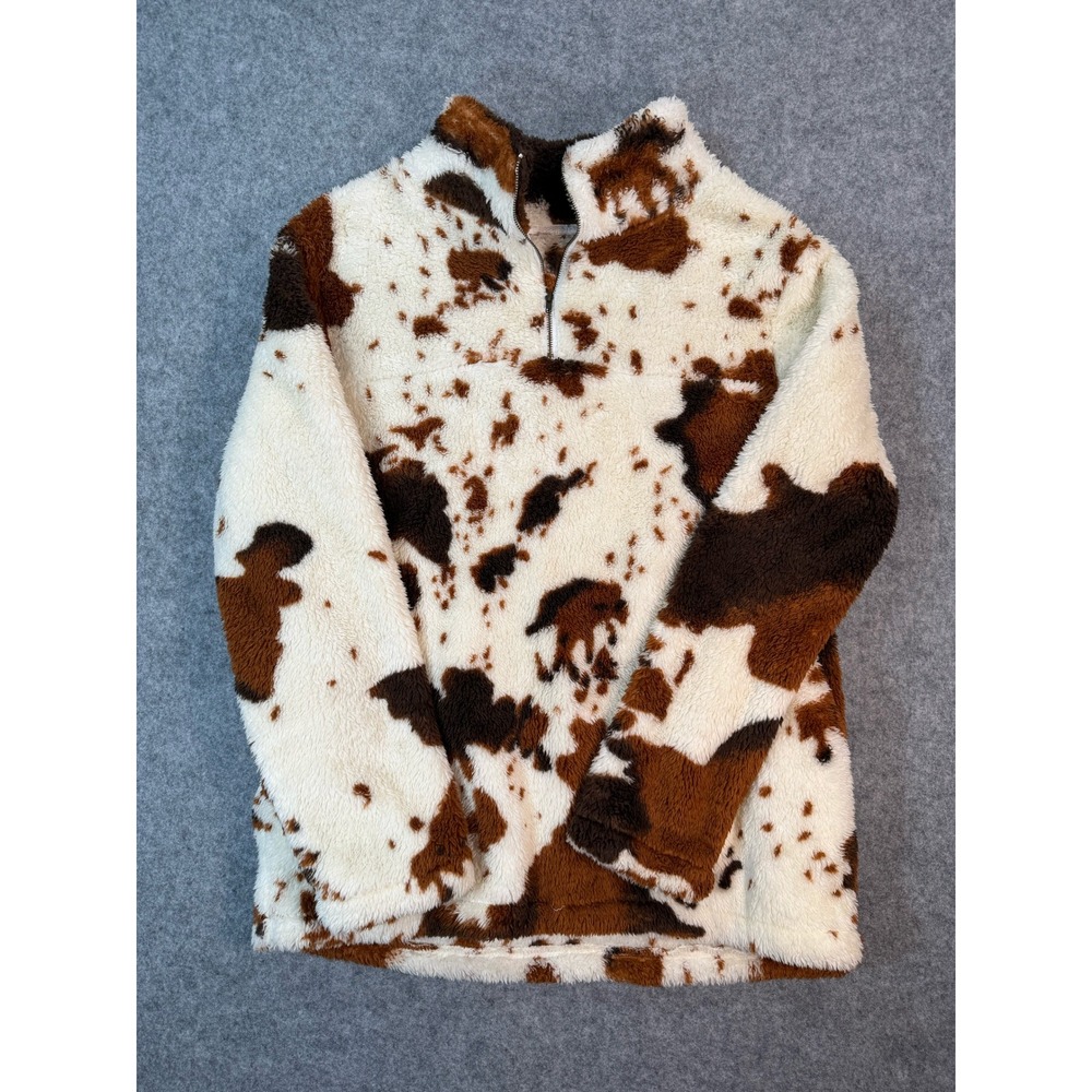 Cow‎ Print Quarter Zip Fleece Pullover Brown White Fuzzy Faux Fur Sweater - Picture 2 of 5
